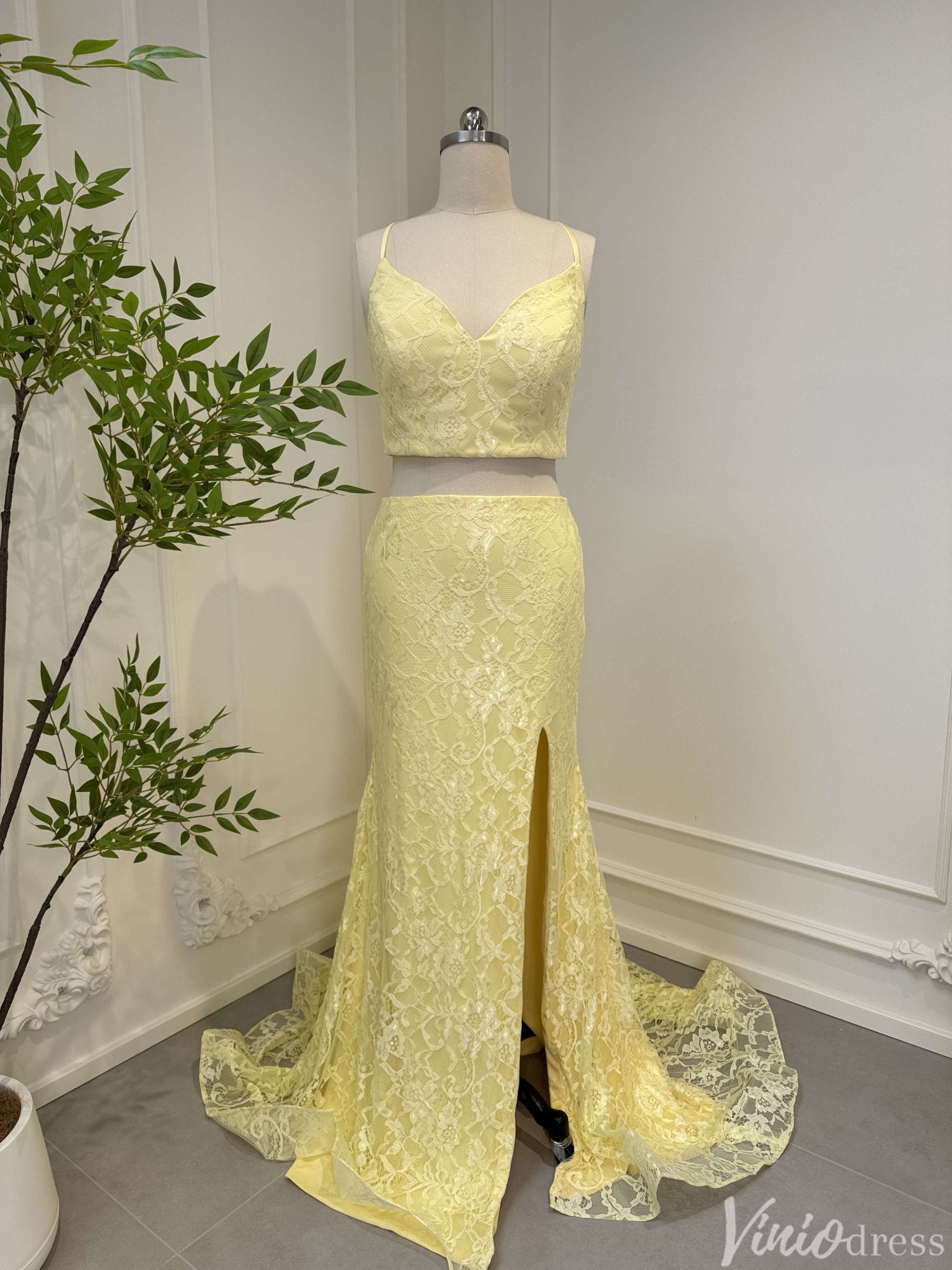 Two Piece Yellow Mermaid Lace Prom Dresses with Slit FD2547 Viniodress Two Piece Yellow Mermaid Lace Prom Dresses with Slit FD2547 Viniodress