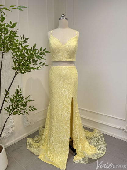 Two Piece Yellow Mermaid Lace Prom Dresses with Slit FD2547-prom dresses 2025 -Viniodress-Yellow-Custom Size-