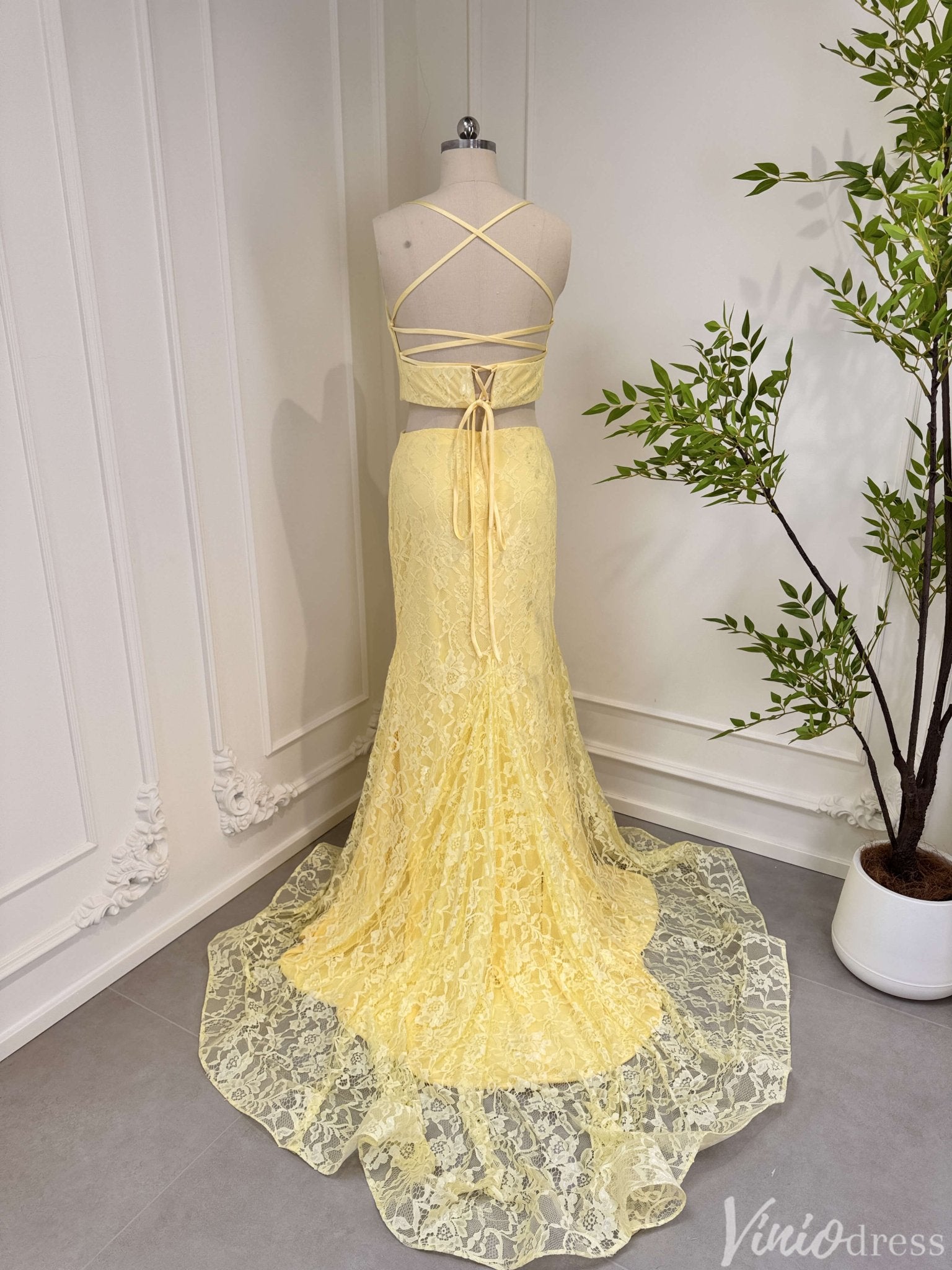 Two Piece Yellow Mermaid Lace Prom Dresses with Slit FD2547 Viniodress Two Piece Yellow Mermaid Lace Prom Dresses with Slit FD2547 Viniodress