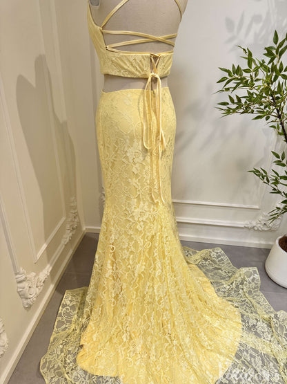 Two Piece Yellow Mermaid Lace Prom Dresses with Slit FD2547-prom dresses 2025 -Viniodress-Yellow-Custom Size-
