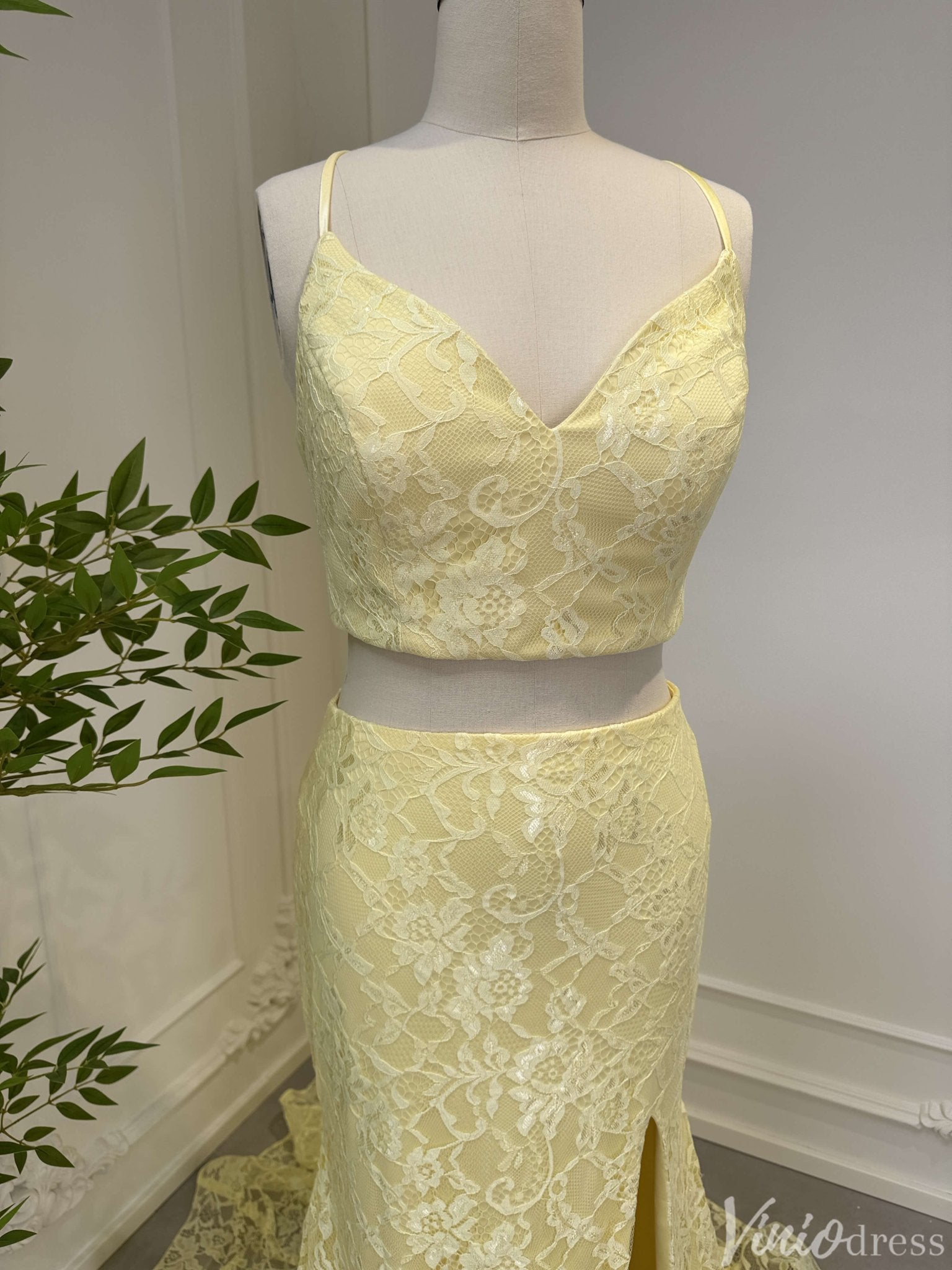 Two Piece Yellow Mermaid Lace Prom Dresses with Slit FD2547 Viniodress Two Piece Yellow Mermaid Lace Prom Dresses with Slit FD2547 Viniodress
