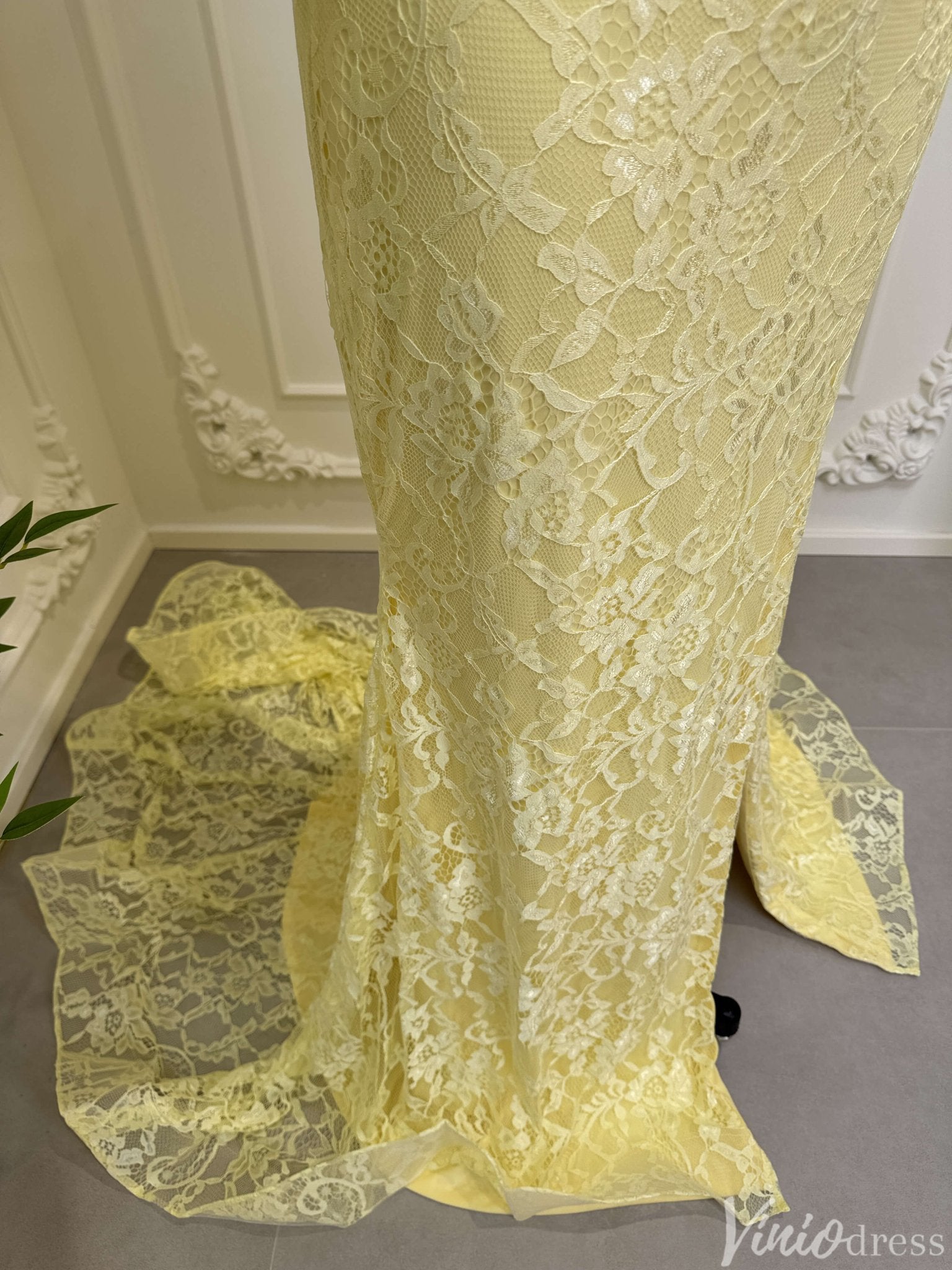 Two Piece Yellow Mermaid Lace Prom Dresses with Slit FD2547 Viniodress Two Piece Yellow Mermaid Lace Prom Dresses with Slit FD2547 Viniodress