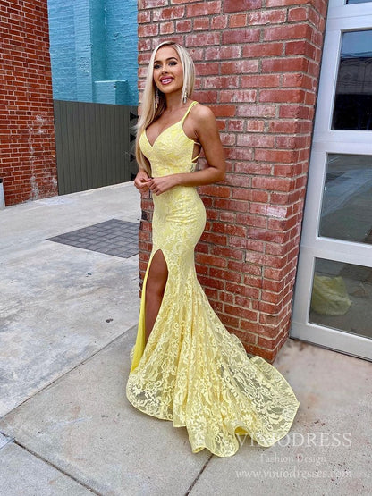 Two Piece Yellow Mermaid Lace Prom Dresses with Slit FD2547-prom dresses 2025 -Viniodress-Yellow-Custom Size-