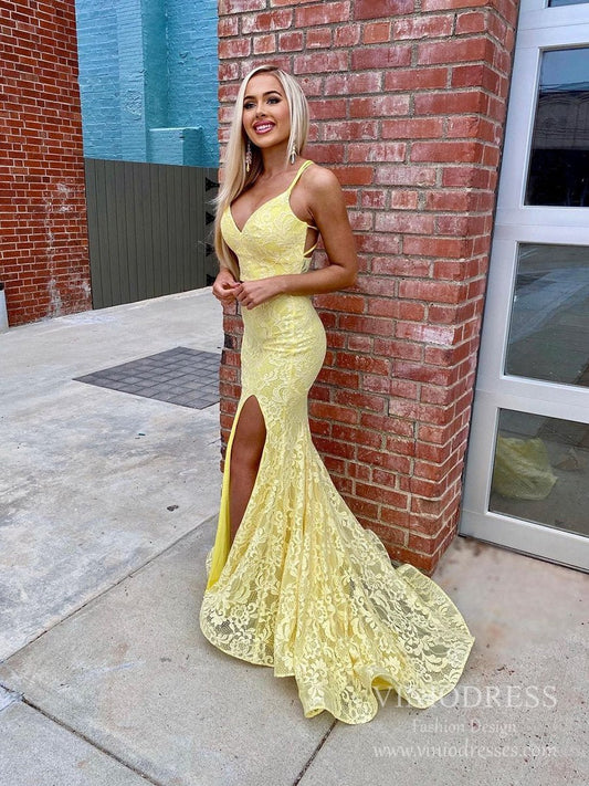 Two Piece Yellow Mermaid Lace Prom Dresses with Slit FD2547-prom dresses 2025 -Viniodress-Yellow-Custom Size-