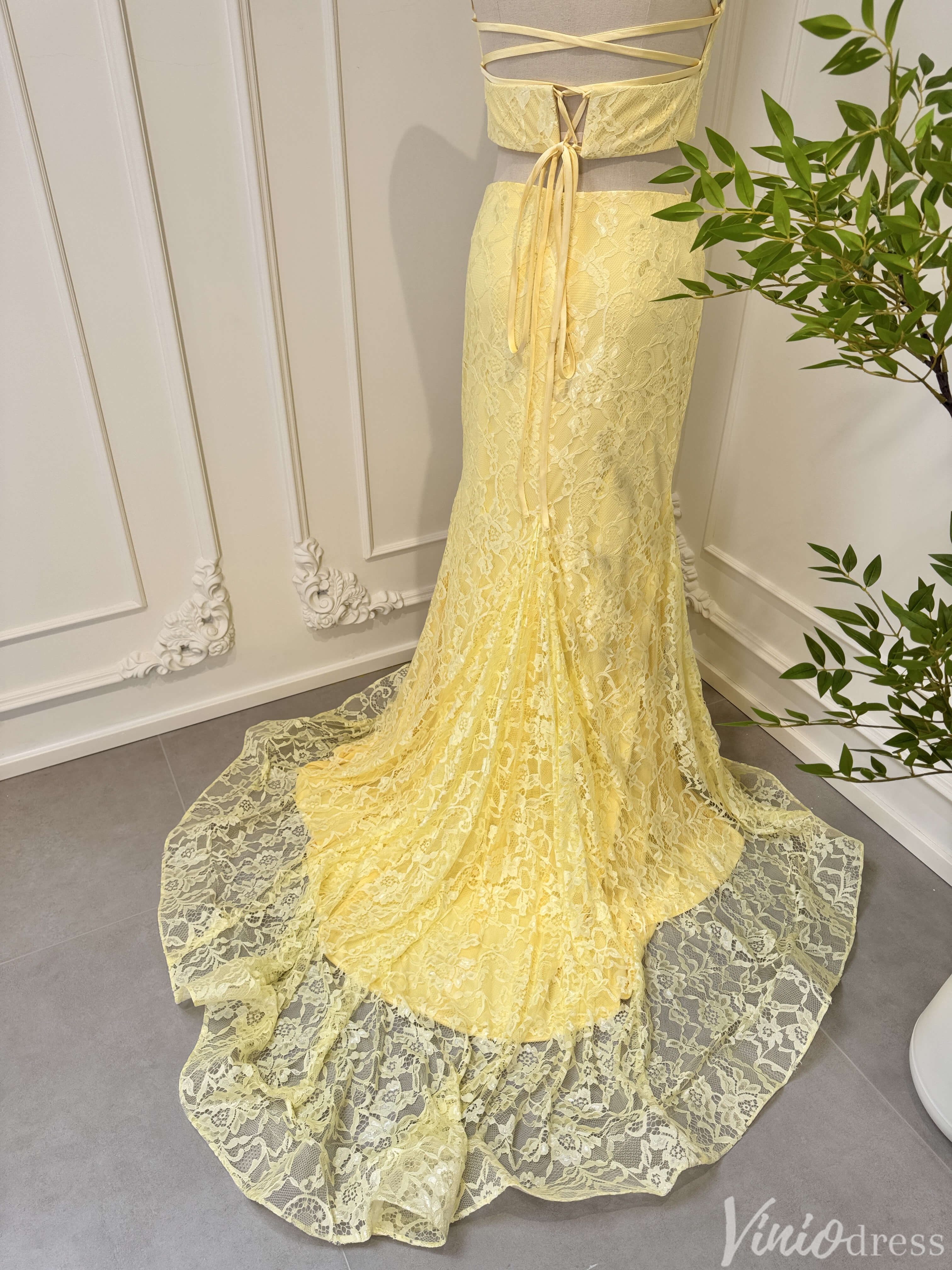 Two Piece Yellow Mermaid Lace Prom Dresses with Slit FD2547-prom dresses-Viniodress-Viniodress