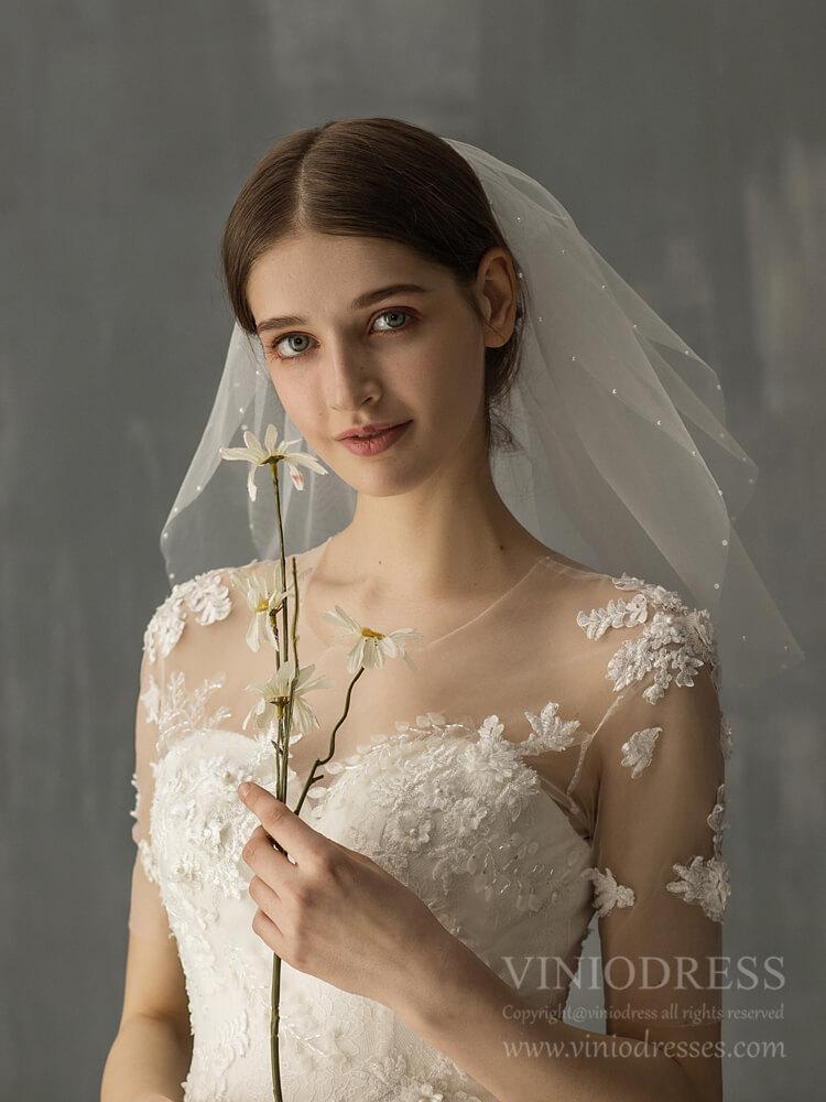 Two Tiers Short Bridal Veils with Pearls AC1237-Bridal Veil 2025 -Viniodress-Ivory-