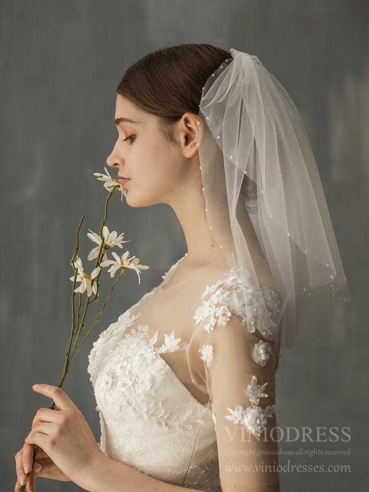 Two Tiers Short Bridal Veils with Pearls AC1237-Bridal Veil 2025 -Viniodress-Ivory-