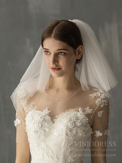 Two Tiers Tulle Short Bridal Veils AC1236-Bridal Veil 2025 -Viniodress-Ivory-