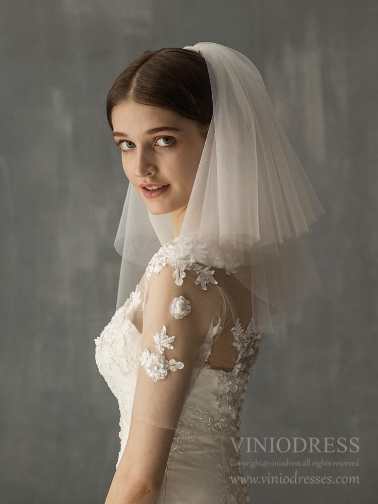 Two Tiers Tulle Short Bridal Veils AC1236-Bridal Veil 2025 -Viniodress-Ivory-