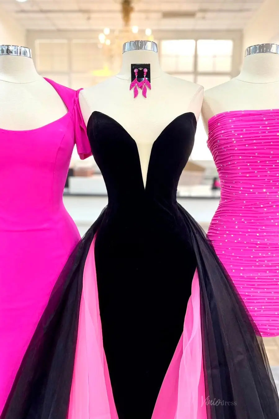 SK001 不转 Velvet Mermaid Prom Dresses with Organza Overskirt-prom dresses 2026-Viniodress-Hot Pink-Custom Size-