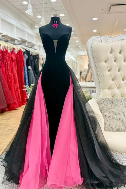 SK001 不转 Velvet Mermaid Prom Dresses with Organza Overskirt-prom dresses 2026-Viniodress-Hot Pink-Custom Size-