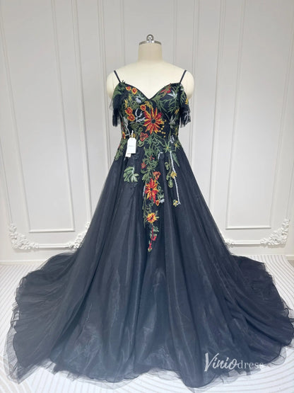 Unique Black Wedding Dress Meadow Floral Embroidery Bridal Gown for Older Brides FW150-wedding dresses 2025 -Viniodress-Black-Custom Size-