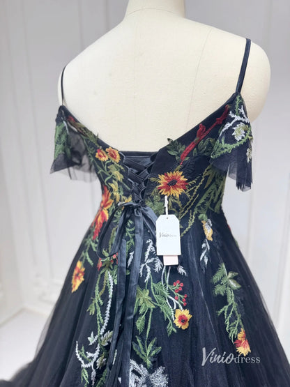 Unique Black Wedding Dress Meadow Floral Embroidery Bridal Gown for Older Brides FW150-wedding dresses 2025 -Viniodress-Black-Custom Size-
