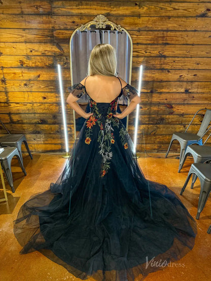 Unique Black Wedding Dress Meadow Floral Embroidery Bridal Gown for Older Brides FW150-wedding dresses 2025 -Viniodress-Black-Custom Size-