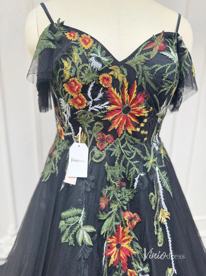 Unique Black Wedding Dress Meadow Floral Embroidery Bridal Gown for Older Brides FW150-wedding dresses 2025 -Viniodress-Black-Custom Size-