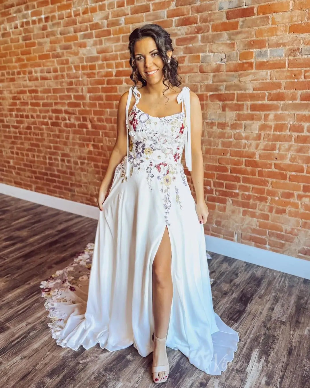 Unique Floral Wedding Dress with Slit & Pockets | Wildflower Embroidered A-Line Gown FW120-wedding dresses 2025 -Viniodress-Ivory-Custom Size-