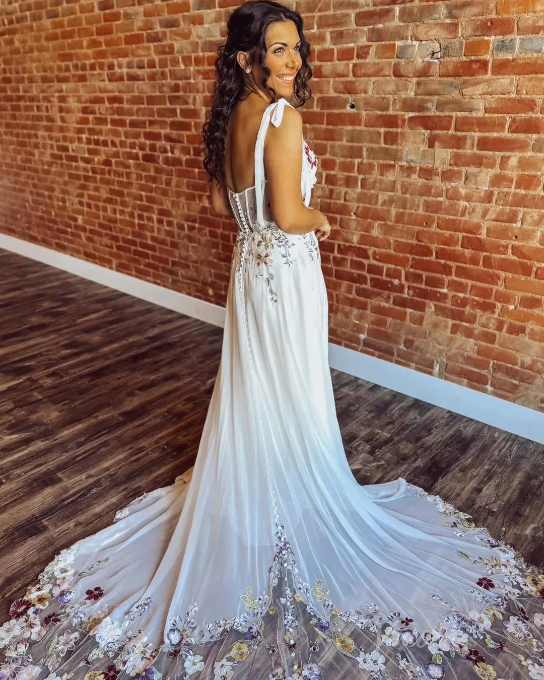 Unique Floral Wedding Dress with Slit & Pockets | Wildflower Embroidered A-Line Gown FW120-wedding dresses 2025 -Viniodress-Ivory-Custom Size-