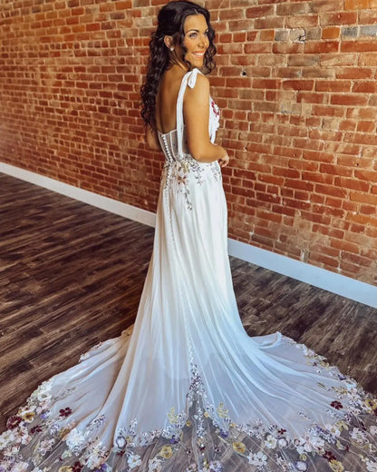 Unique Floral Wedding Dress with Slit & Pockets | Wildflower Embroidered A-Line Gown FW120-wedding dresses 2025 -Viniodress-Ivory-Custom Size-