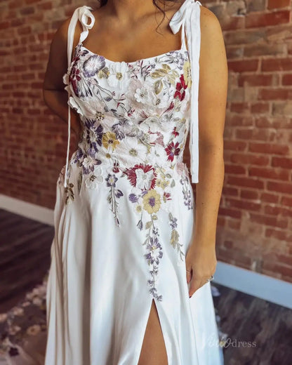 Unique Floral Wedding Dress with Slit & Pockets | Wildflower Embroidered A-Line Gown FW120-wedding dresses 2025 -Viniodress-Ivory-Custom Size-