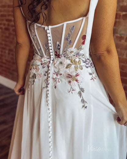 Unique Floral Wedding Dress with Slit & Pockets | Wildflower Embroidered A-Line Gown FW120-wedding dresses 2025 -Viniodress-Ivory-Custom Size-