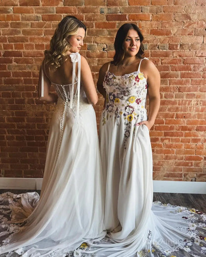 Unique Floral Wedding Dress with Slit & Pockets | Wildflower Embroidered A-Line Gown FW120-wedding dresses 2025 -Viniodress-Ivory-Custom Size-