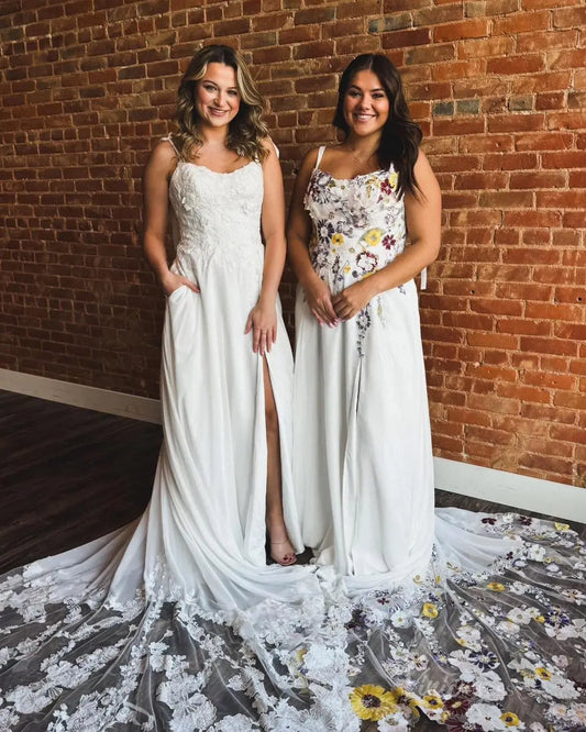 Unique Floral Wedding Dress with Slit & Pockets | Wildflower Embroidered A-Line Gown FW120-wedding dresses 2025 -Viniodress-Ivory-Custom Size-