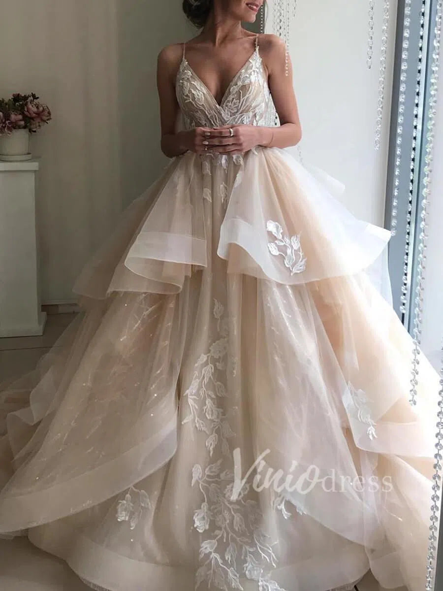 Unique Lace Appliqued Wedding Dresses Open Back Ruffle Bottom Non Traditional VW1258-wedding dresses 2025 -Viniodress-Champagne-Custom Size-
