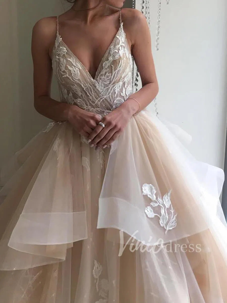 Unique Lace Appliqued Wedding Dresses Open Back Ruffle Bottom Non Traditional VW1258-wedding dresses 2025 -Viniodress-Champagne-Custom Size-