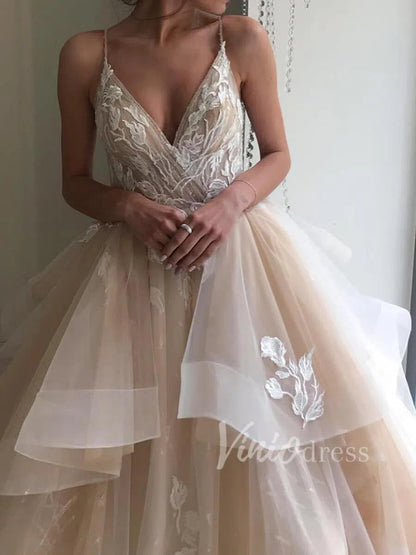 Unique Lace Appliqued Wedding Dresses Open Back Ruffle Bottom Non Traditional VW1258-wedding dresses 2025 -Viniodress-Champagne-Custom Size-