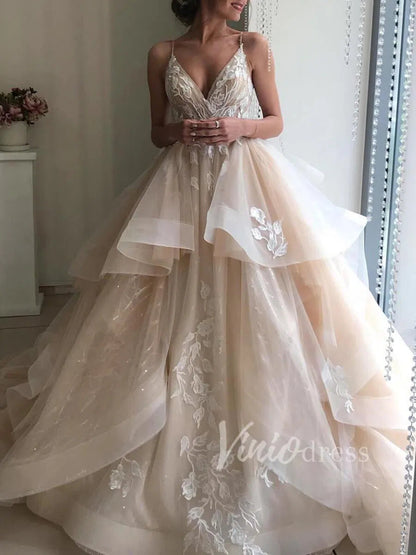 Unique Lace Appliqued Wedding Dresses Open Back Ruffle Bottom Non Traditional VW1258-wedding dresses 2025 -Viniodress-Champagne-Custom Size-