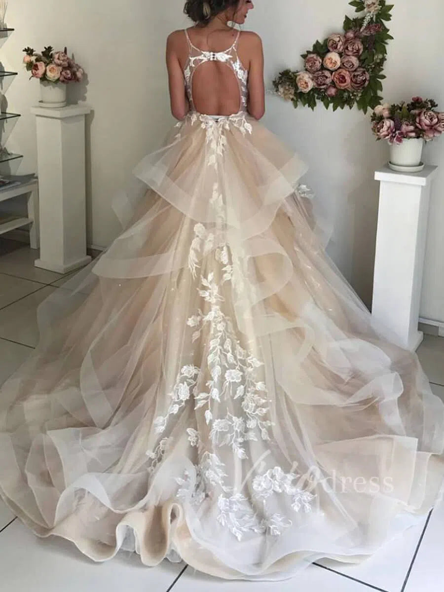 Unique Lace Appliqued Wedding Dresses Open Back Ruffle Bottom Non Traditional VW1258-wedding dresses 2025 -Viniodress-Champagne-Custom Size-