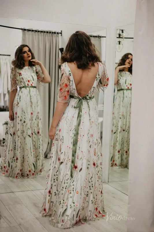 Unique Meadow Floral Wedding Dress A-Line Photoshoot Dress Elbow Sleeves Backless FW0101-wedding dresses 2025 -Viniodress-Ivory-Custom Size-