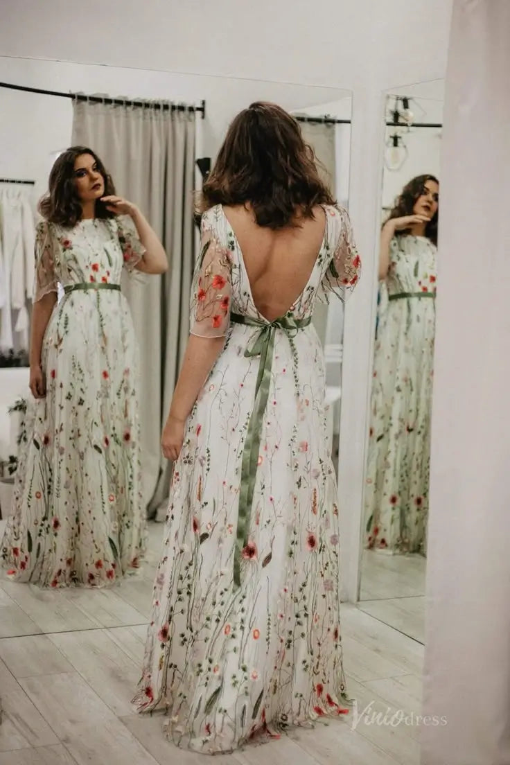 Unique Meadow Floral Wedding Dress A-Line Photoshoot Dress Elbow Sleeves Backless FW0101-wedding dresses 2025 -Viniodress-Ivory-Custom Size-