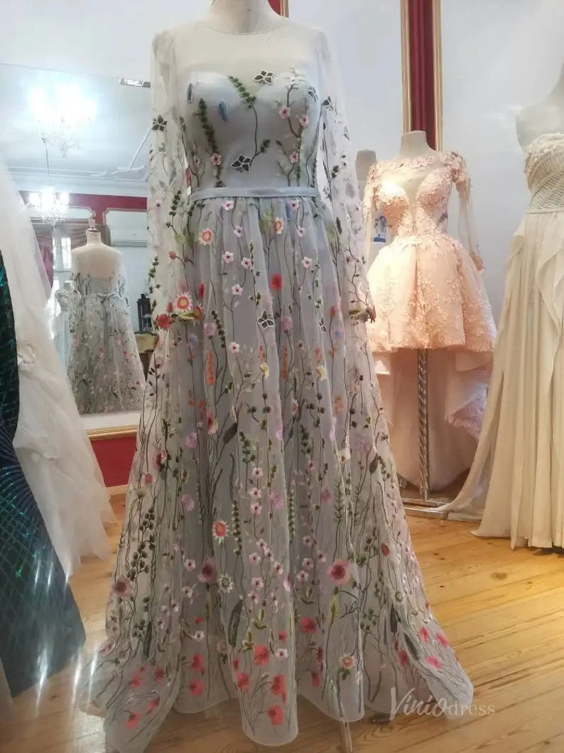 Unique Nature-Inspired Floral Wedding Dress with Sleeves Illusion Neckline Gown FW111-wedding dresses 2025 -Viniodress-Ivory-Custom Size-