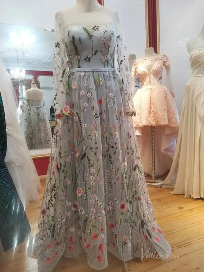 Unique Nature-Inspired Floral Wedding Dress with Sleeves Illusion Neckline Gown FW111-wedding dresses 2025 -Viniodress-Ivory-Custom Size-