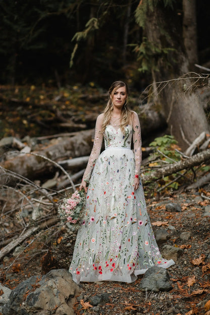 Unique Nature-Inspired Floral Wedding Dress with Sleeves Illusion Neckline Gown FW111-wedding dresses 2025 -Viniodress-Ivory-Custom Size-