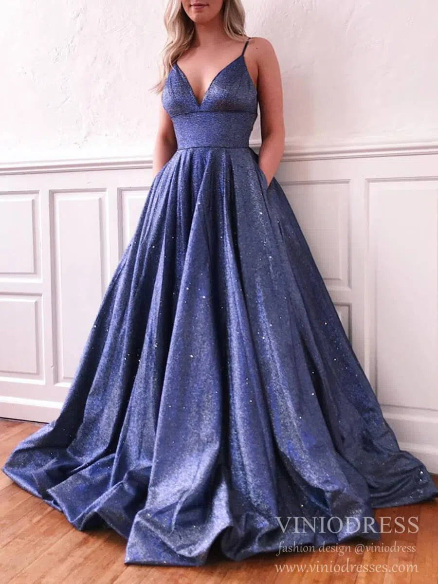 Prom Dress 2025 Unique Sparkly Simple Long Prom Dresses Spaghetti Strap V Neck Ball Gown FD1664-unique prom dresses-Blue-Custom Size-Viniodress