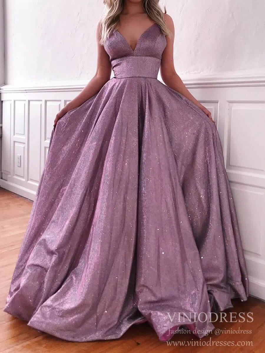 Prom Dress 2025 Unique Sparkly Simple Long Prom Dresses Spaghetti Strap V Neck Ball Gown FD1664-unique prom dresses-Magenta-Custom Size-Viniodress