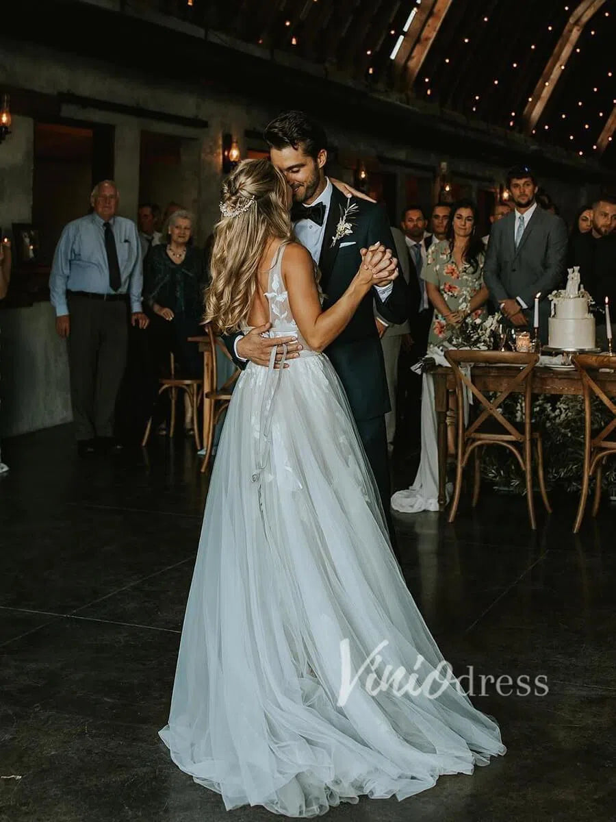 V Neck A Line Floral Silver Wedding Dresses VW1129-wedding dresses-Viniodress-Viniodress