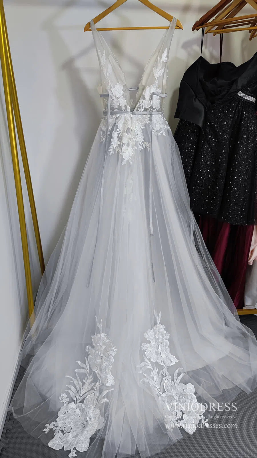 V Neck A Line Floral Silver Wedding Dresses VW1129-wedding dresses-Viniodress-Viniodress