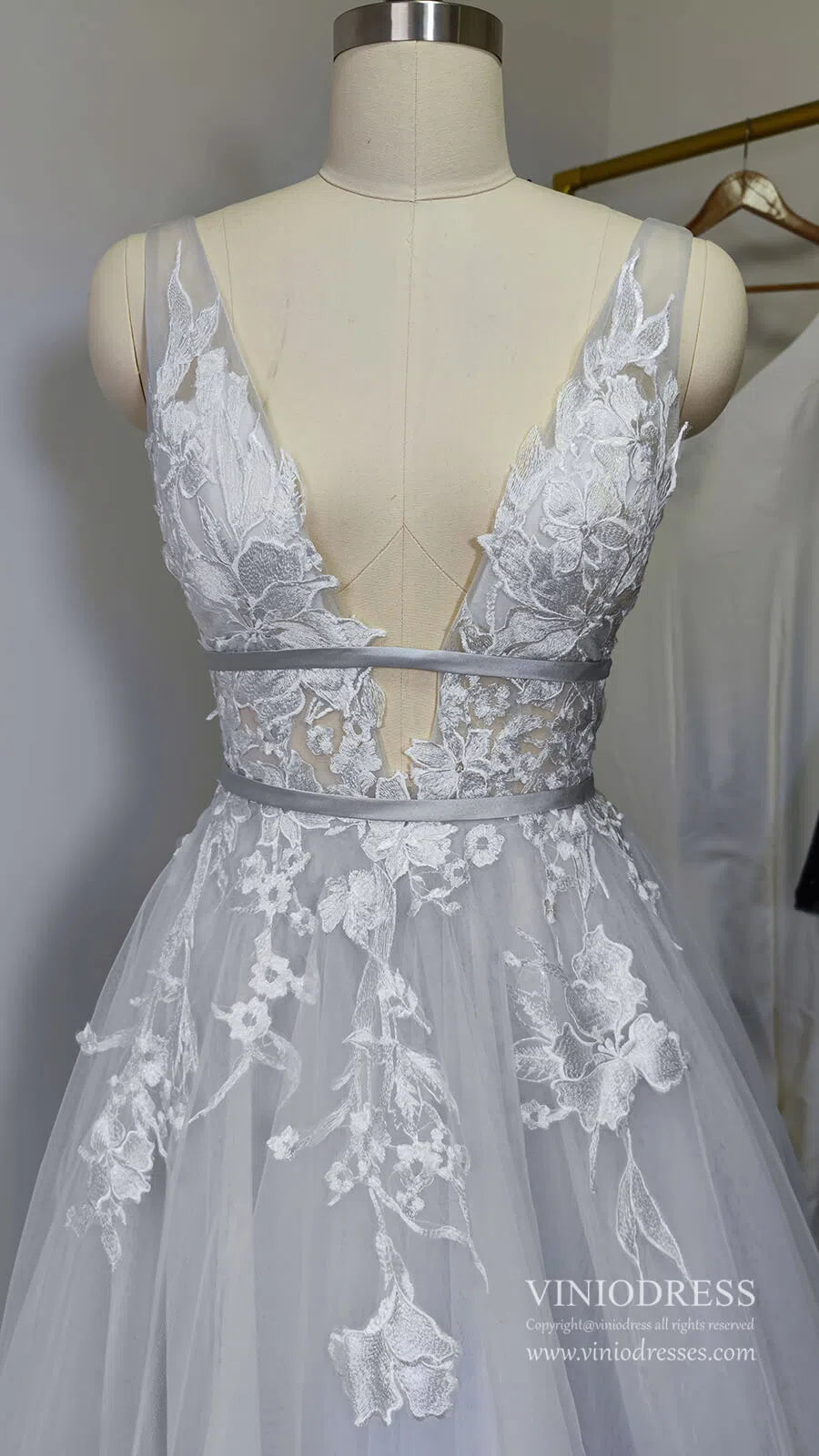 V Neck A Line Floral Silver Wedding Dresses VW1129-wedding dresses-Viniodress-Viniodress