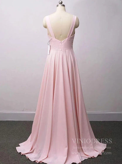 V Neck A-line Light Blue Long Bridesmaid Dresses with Slit VB1027-bridesmaid dresses 2025 -Viniodress-Light Blue-Custom Size-