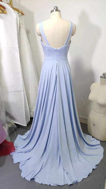 V Neck A-line Light Blue Long Bridesmaid Dresses with Slit VB1027-bridesmaid dresses 2025 -Viniodress-Light Blue-Custom Size-