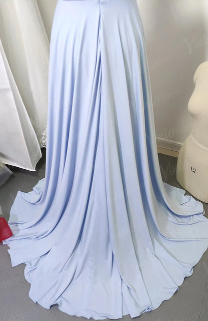 V Neck A-line Light Blue Long Bridesmaid Dresses with Slit VB1027-bridesmaid dresses 2025 -Viniodress-Light Blue-Custom Size-