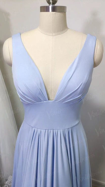 V Neck A-line Light Blue Long Bridesmaid Dresses with Slit VB1027-bridesmaid dresses 2025 -Viniodress-Light Blue-Custom Size-