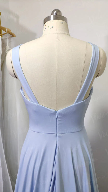 V Neck A-line Light Blue Long Bridesmaid Dresses with Slit VB1027-bridesmaid dresses 2025 -Viniodress-Light Blue-Custom Size-