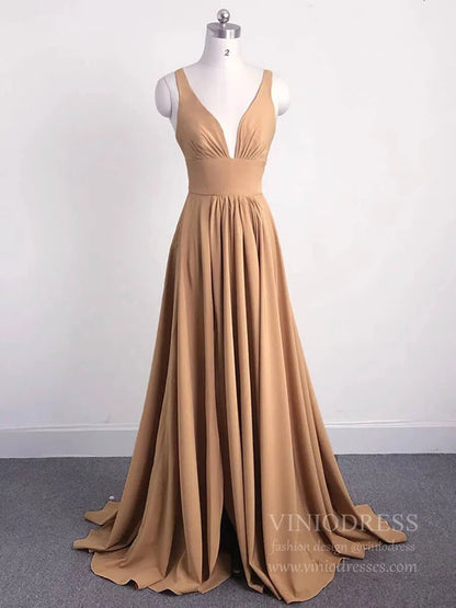V Neck A-line Light Blue Long Bridesmaid Dresses with Slit VB1027-bridesmaid dresses 2025 -Viniodress-Light Blue-Custom Size-