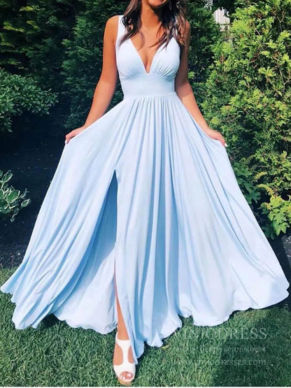 V Neck A-line Light Blue Long Bridesmaid Dresses with Slit VB1027-bridesmaid dresses 2025 -Viniodress-Light Blue-Custom Size-