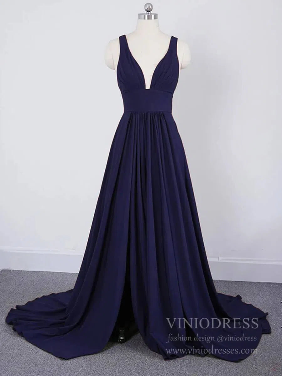 V Neck A-line Light Blue Long Bridesmaid Dresses with Slit VB1027-bridesmaid dresses 2025 -Viniodress-Navy Blue-Custom Size-