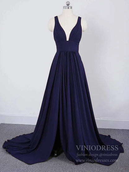 V Neck A-line Light Blue Long Bridesmaid Dresses with Slit VB1027-bridesmaid dresses 2025 -Viniodress-Navy Blue-Custom Size-